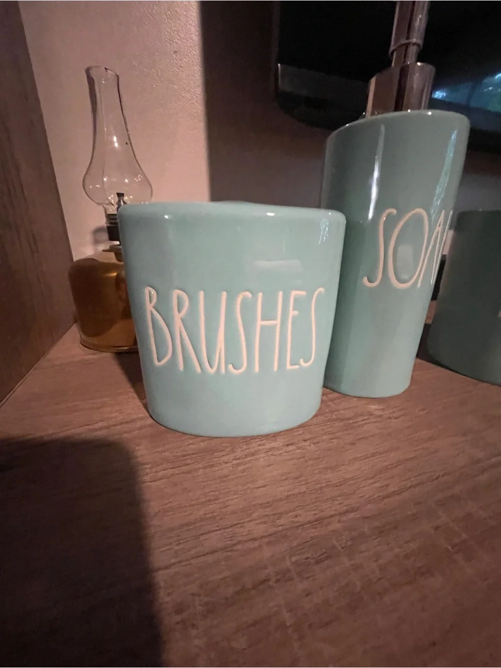 Rae Dunn Aqua Ceramic Bath Accessory Set - Soap, Brushes, Things